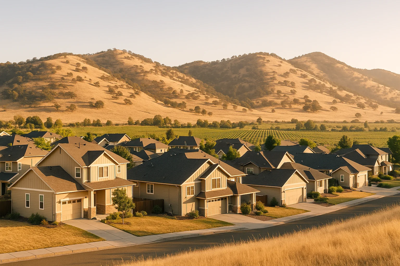 Rogue Valley hills rising over Medford, Oregon homes in warm golden light